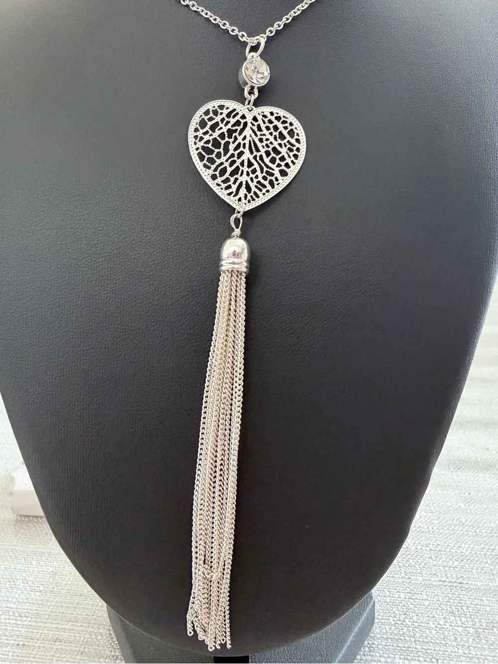 Lauren Conrad Silver Heart Filigree Tassel Necklace - 32 in - Picture 6 of 6
